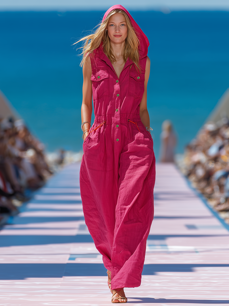 Loose And Stylish Hooded Wide-leg Cotton Sleeveless Jumpsuit