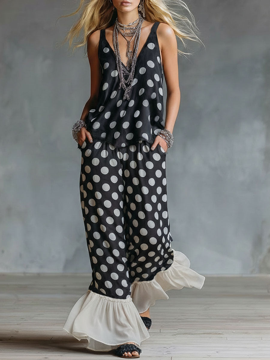 Polka Dot Print Chiffon V-neck Sleeveless Top And Pants Set