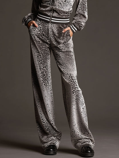 Casual Sporty Retro Gray Leopard Print Velvet Sweatshirt And Wide-Leg Pants Set