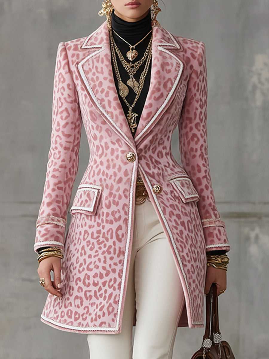 Lapel Single-breasted Pink Leopard Print Mid-length Coat