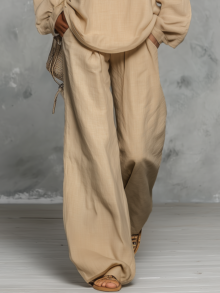 Retro Vacation Style V-neck Embroidered T-shirt And Flared Pants Set