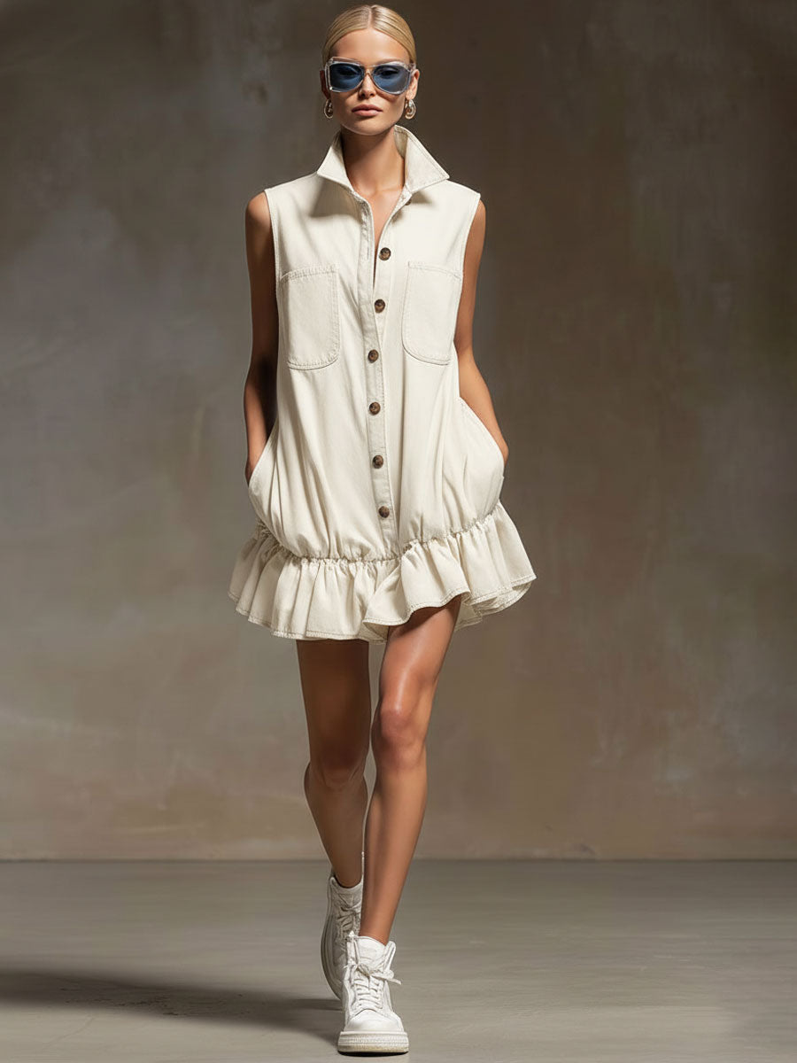 Casual Retro Off-white Tencel Denim Sleeveless Ruffle Mini Dress
