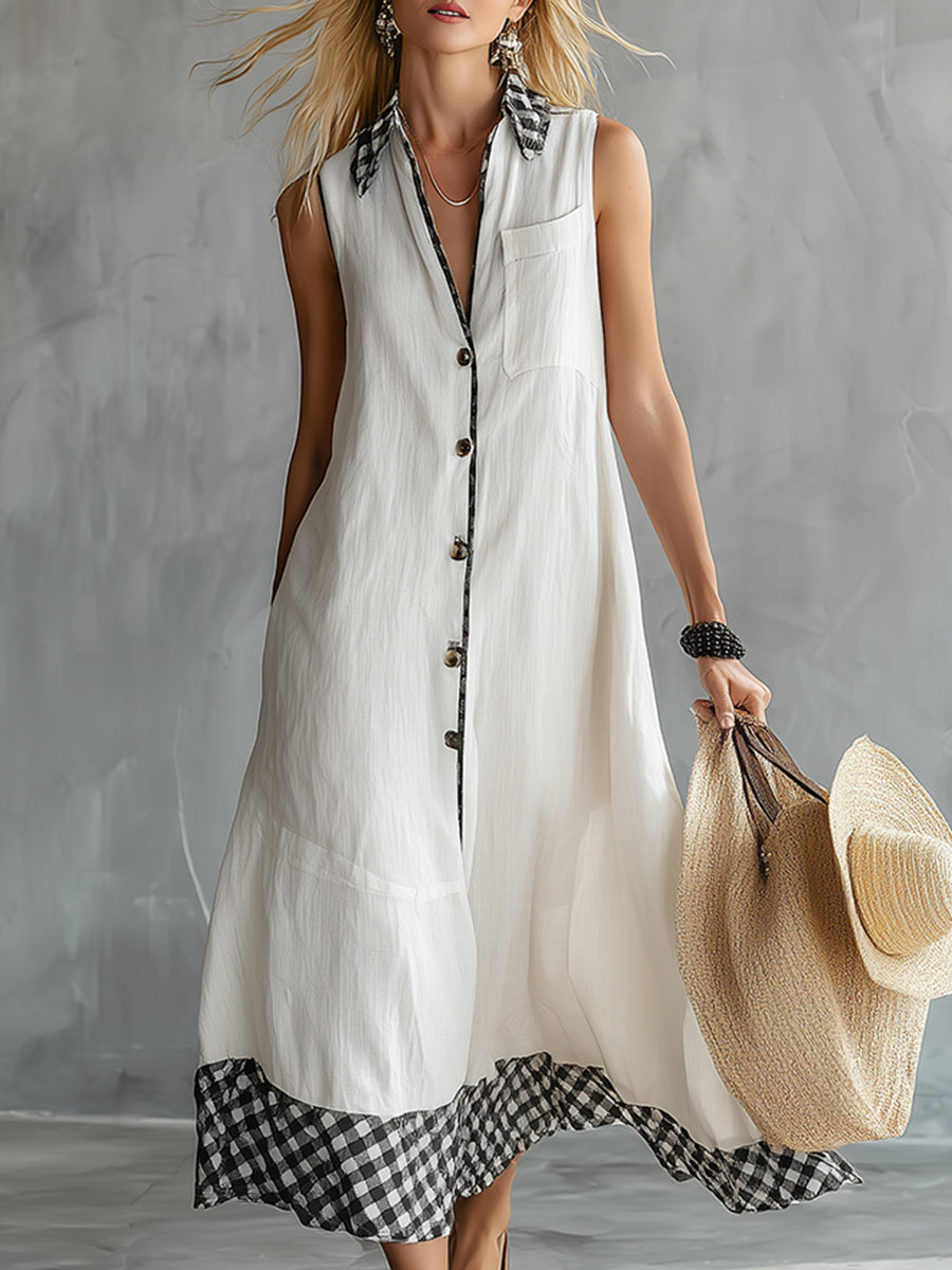 Chic Vacation-style Plaid Trim White Cotton Linen Collar Sleeveless Maxi Dress
