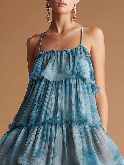Resort-style Blue Spaghetti Strap Chiffon Midi Dress