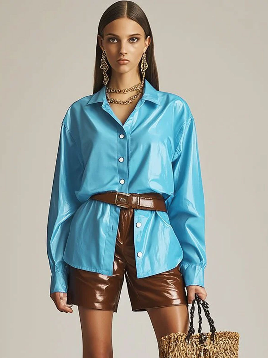 Casual Loose Fashion Blue Leather Long Sleeve Blouse