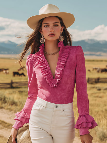 Western-style Vintage Pink Ruffled V-neck Faux Suede Shirt