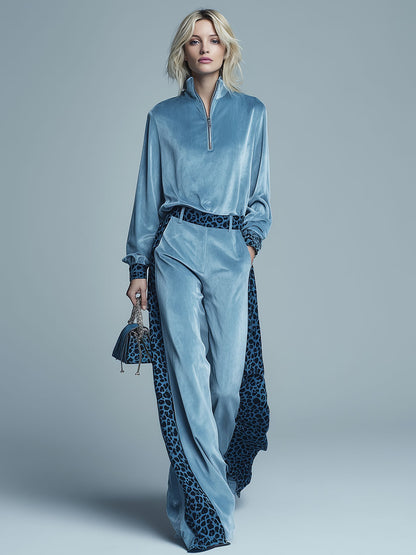 Sporty Retro Leopard Print Blue Velvet Zip-up Top And Wide-leg Pants Set
