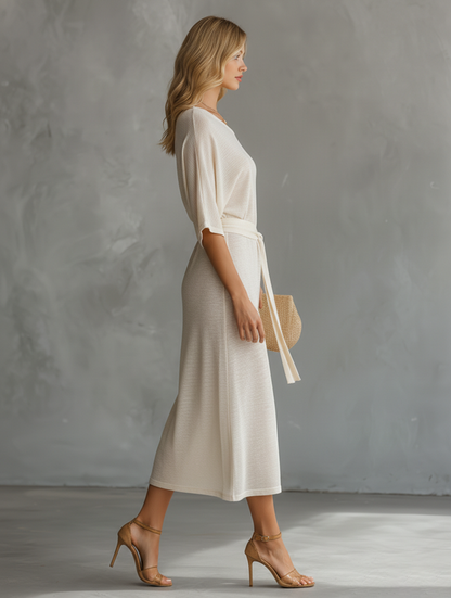 Lazy And Elegant Off-shoulder Short-sleeved Slit Midi Dress