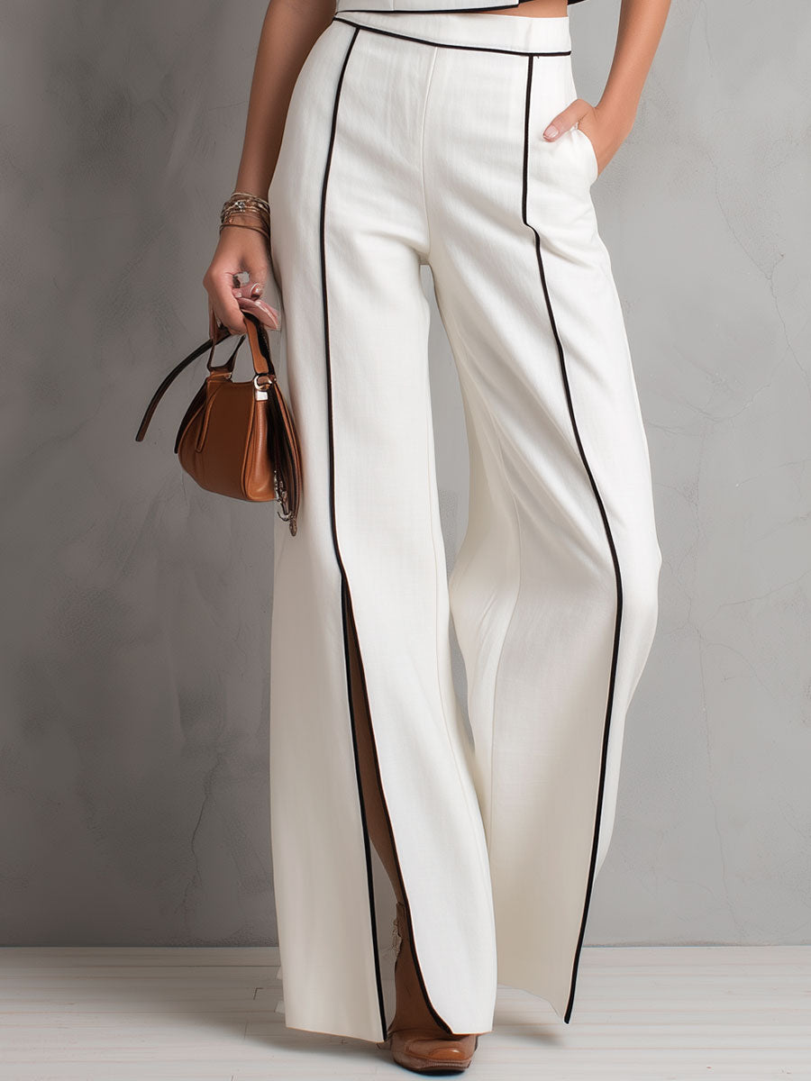 Stylish And Casual Black-trimmed White Cotton Top And Split-leg Wide-leg Pants Set