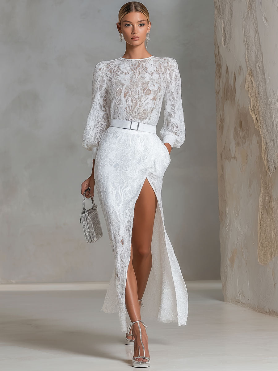 Elegant Round-neck Lace Long-sleeved Top And Slit Lace Skirt Set