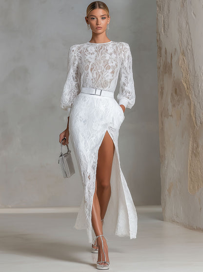Elegant Round-neck Lace Long-sleeved Top And Slit Lace Skirt Set