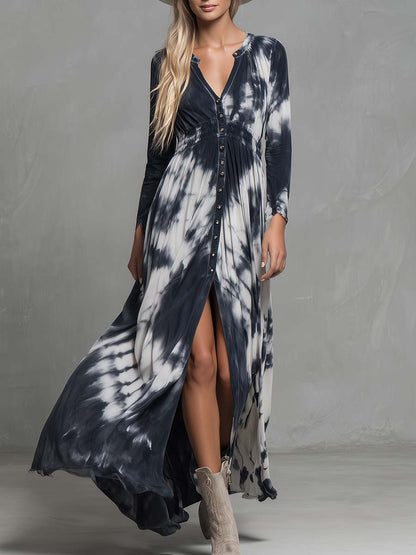 Vintage Western Flowing V-neck Front Button Black And White Tie-dye Pattern Cotton Slits Dress