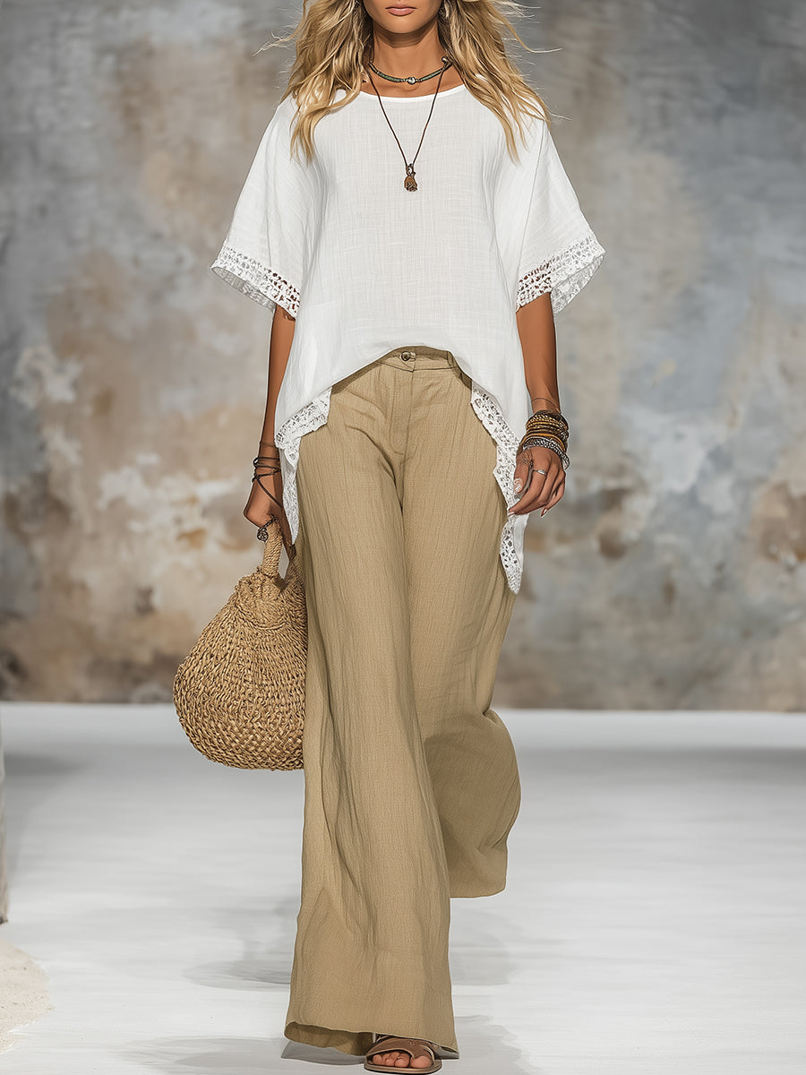 Retro Casual Resort Style Lace-trimmed Top And Flared Pants Set