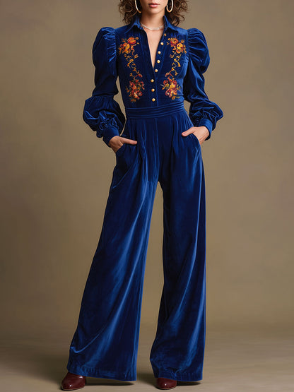 Casual Retro Floral Embroidered Royal Blue Velvet Long-sleeved Wide-leg Jumpsuit