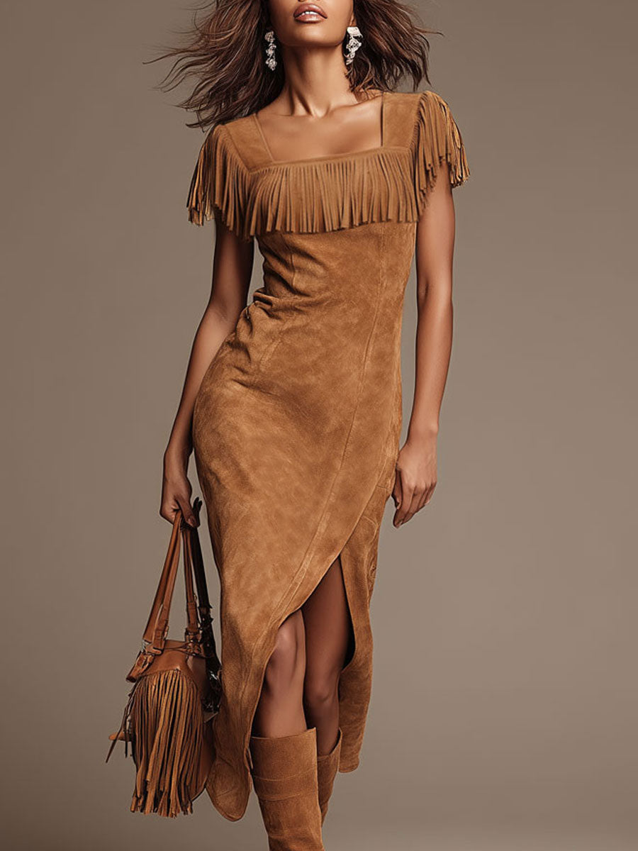 Western Retro Light Brown Faux Suede Slit Tassel Short-Sleeve Midi Dress