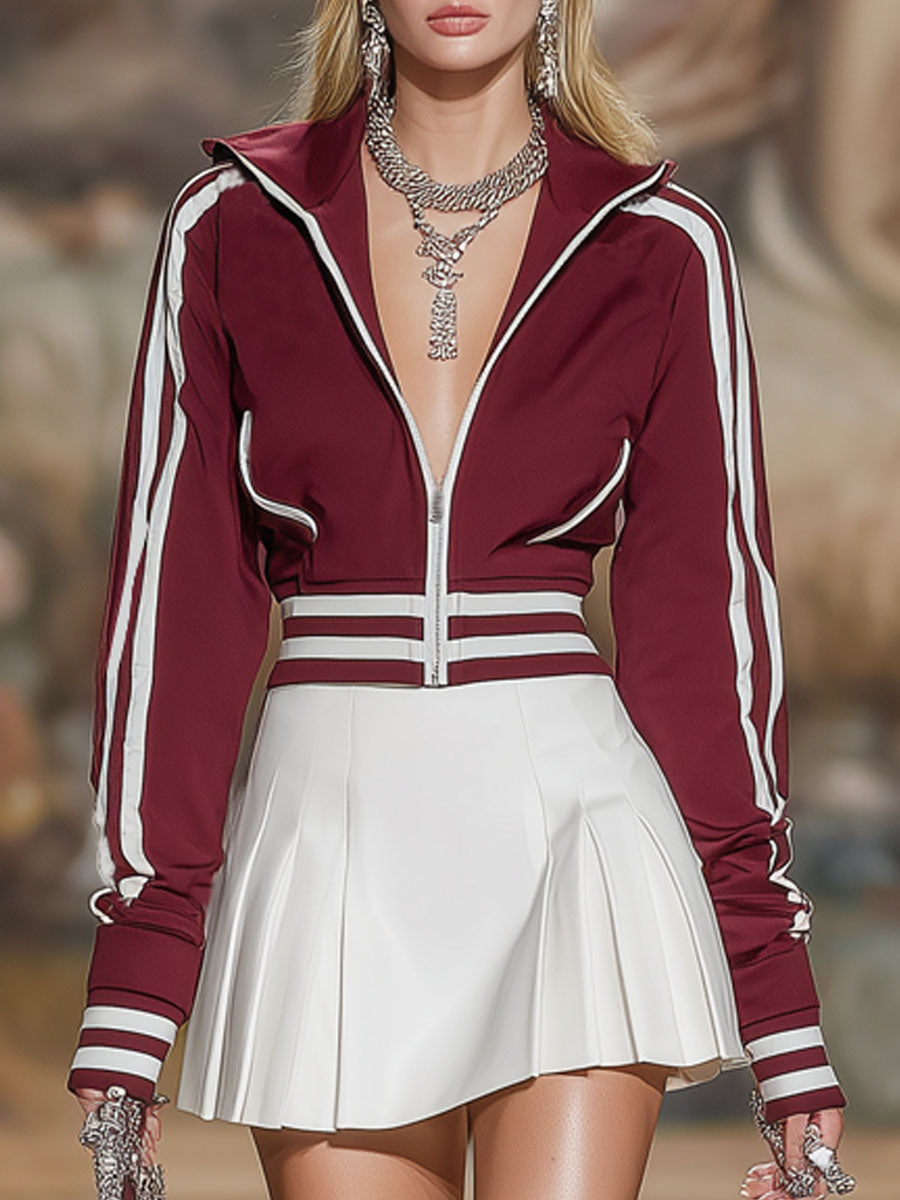 Stand-up Collar Zip-up Color-blocked Sweatshirt And Skirt Set