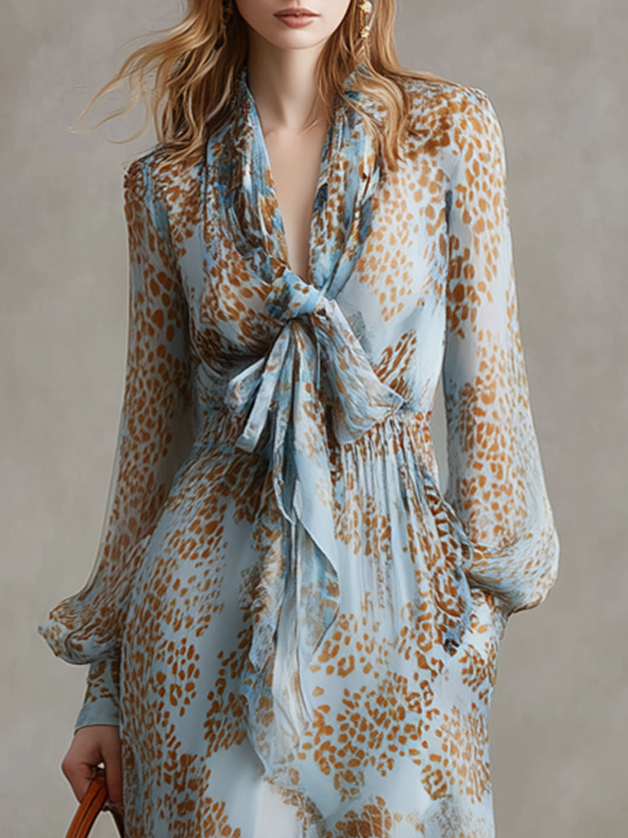 Fashionable Retro Leopard Print Light Blue Chiffon Long-sleeved Midi Dress