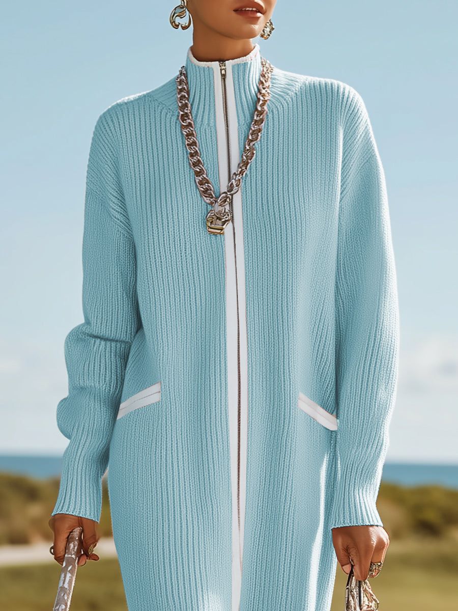 Sporty And Stylish White-trimmed Blue Knit Maxi Dress