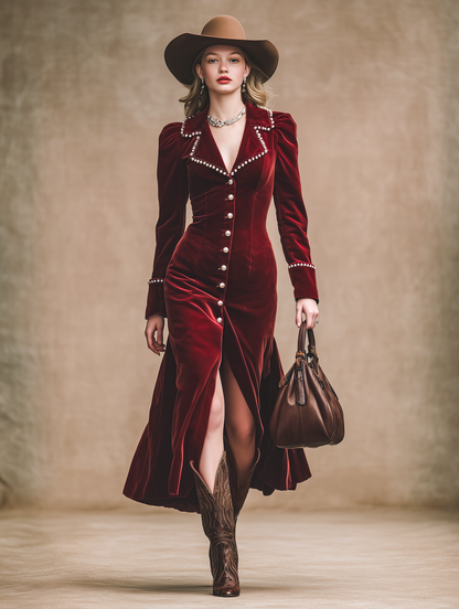 Retro Chic Pearl-trimmed Velvet Midi Dress