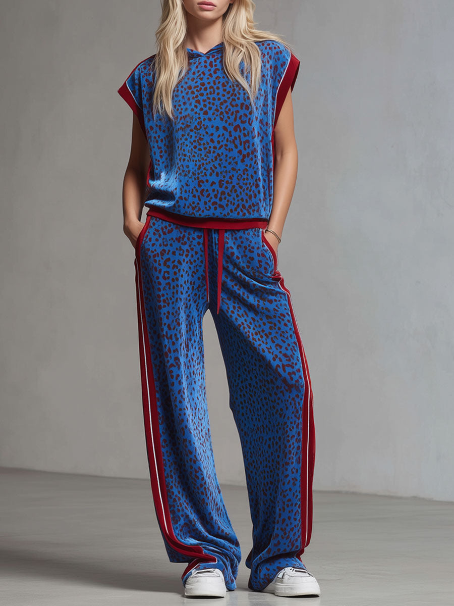Leopard Print Hooded Sleeveless Top And Velvet Trousers Set