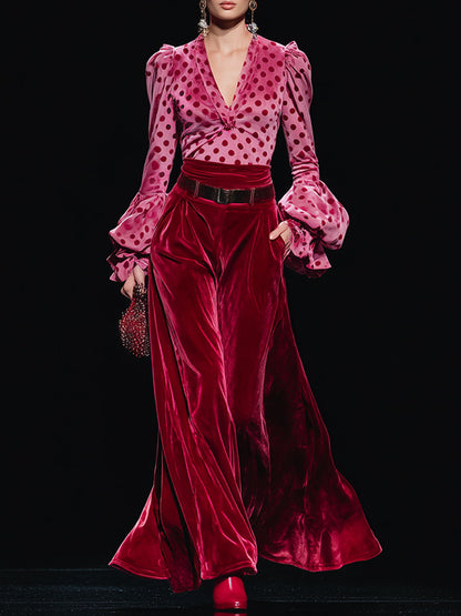 Trendy Retro Polka Dot Red Velvet V-neck Long-sleeved T-shirt And Wide-leg Pants Set