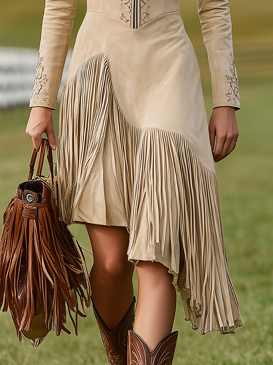 Western Retro Beige Faux Suede Embroidered Tassel Midi Dress