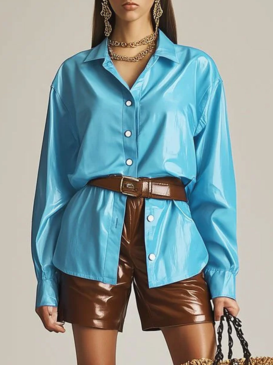 Casual Loose Fashion Blue Leather Long Sleeve Blouse