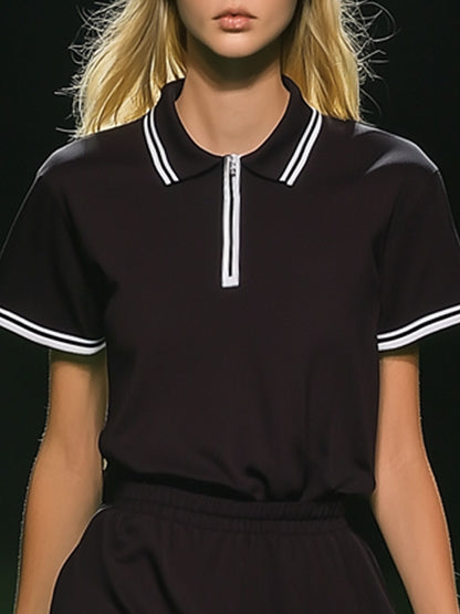 Fashionable Sports White Trim Black Polo Shirt Elastic Waist Mini Dress