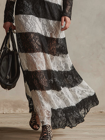 Chic Retro Black And White Lace Striped Maxi Dress