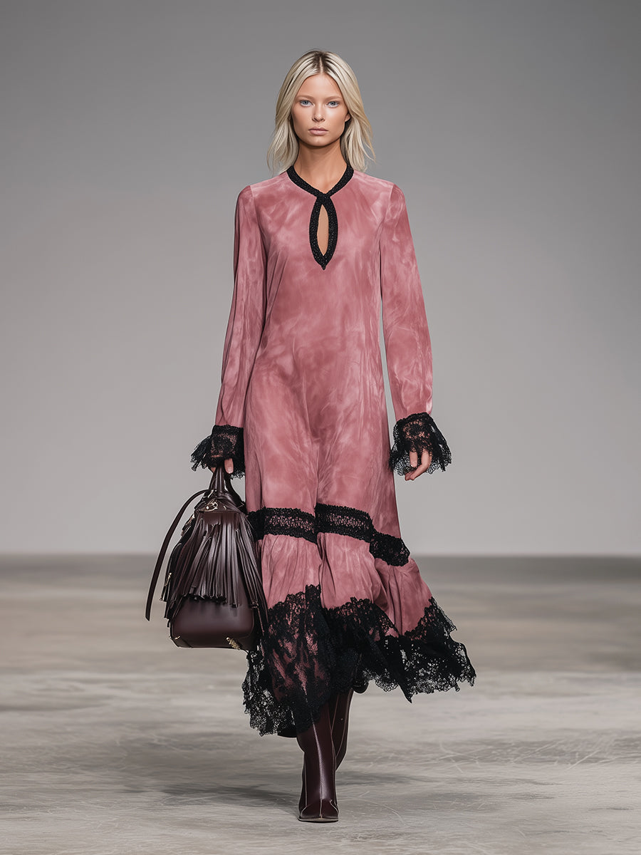 Western Pink Faux Suede Round Neck Hollow-Out Lace Maxi Dress