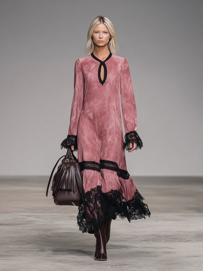 Western Pink Faux Suede Round Neck Hollow-Out Lace Maxi Dress