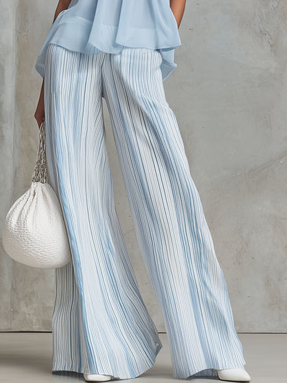Vacation Light Blue Chiffon Sleeveless Top And Striped Wide-leg Pants Set