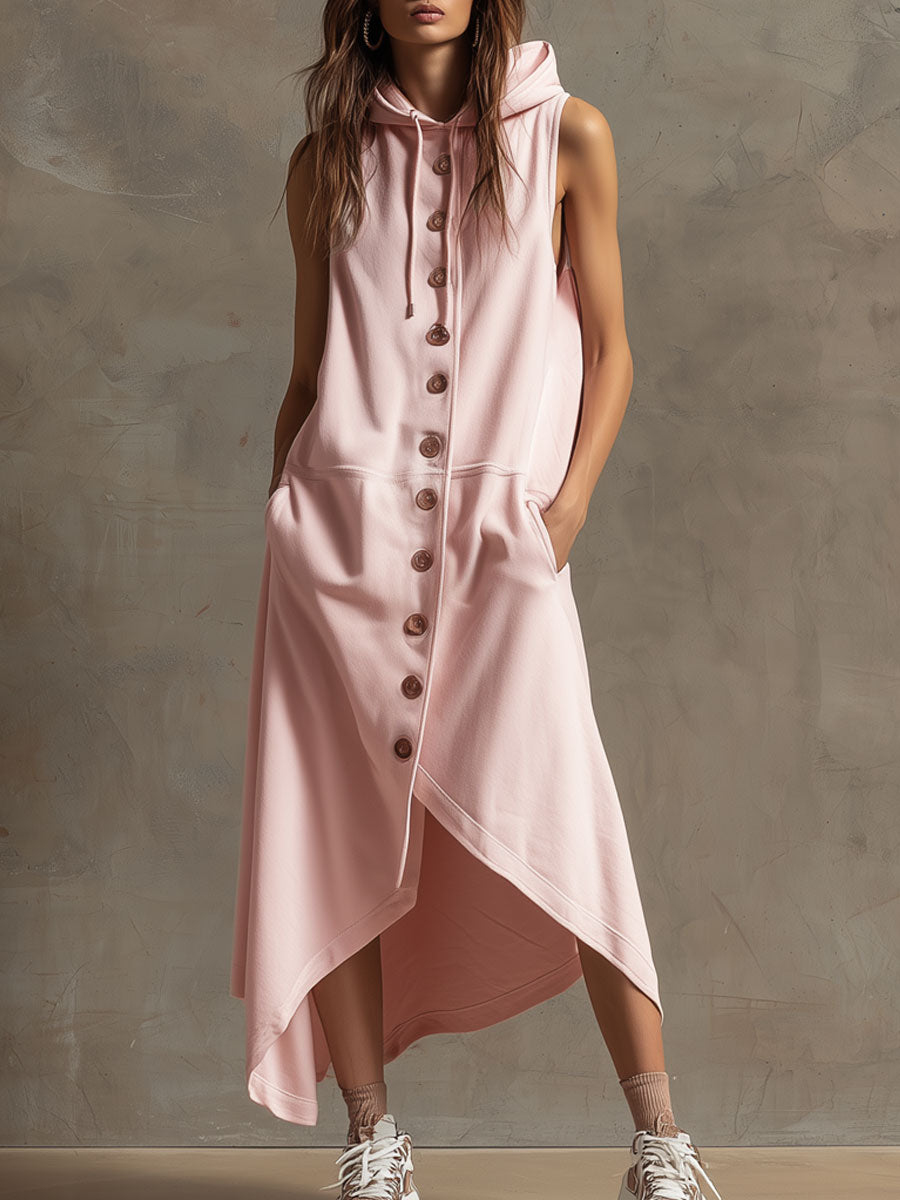 Sporty Retro Sleeveless Pink Hooded Cardigan Dress With Asymmetrical Midi Length