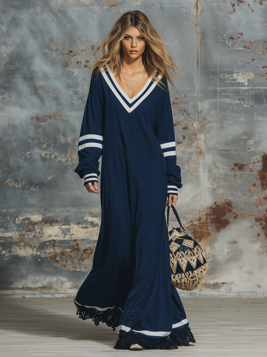 Retro Sporty V-neck Color-blocked Striped Lace-trimmed Maxi Dress