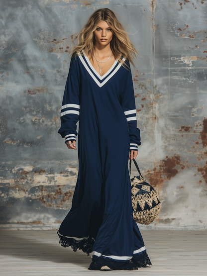 Retro Sporty V-neck Color-blocked Striped Lace-trimmed Maxi Dress