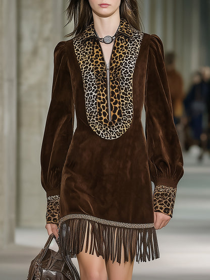 Western Brown Faux Suede Patchwork Leopard Print Zipper Tassel Mini Dress