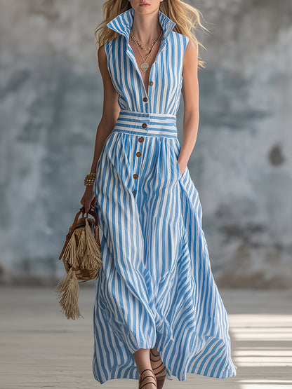 Elegant Urban Blue Striped Lapel Front-button Sleeveless Maxi Dress