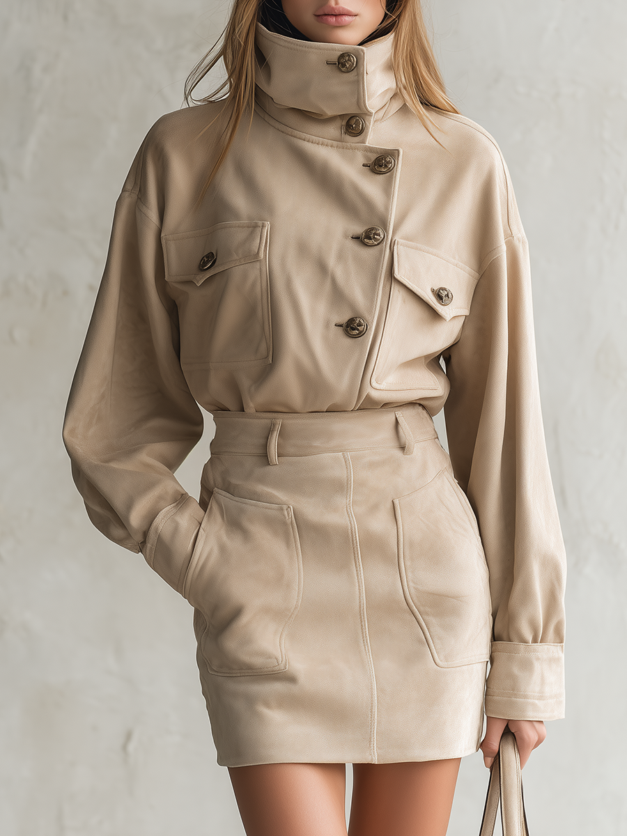 Retro-chic Stand-up Collar Faux Suede Shirt And Mini Skirt Set