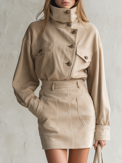 Retro-chic Stand-up Collar Faux Suede Shirt And Mini Skirt Set