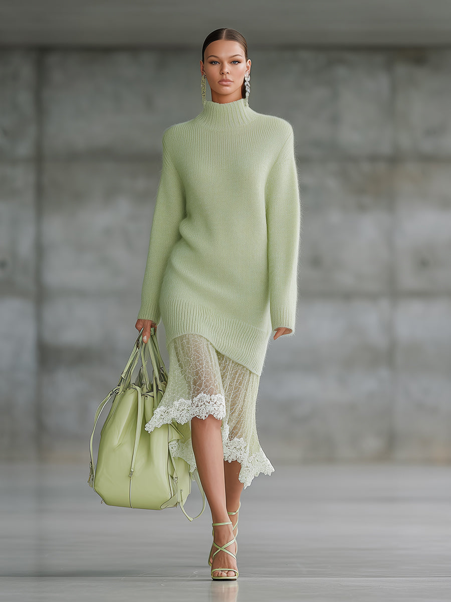 Elegant Green Knitted Round Neck Lace Midi Sweater Dress