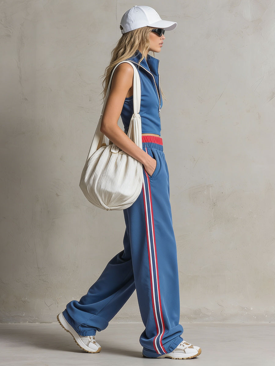 Retro Sporty Embroidered Blue Cotton Sleeveless Top And Balloon Pants Set