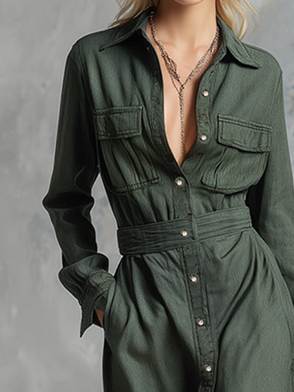 Retro-elegant Dark Green Lapel Button-down Maxi Dress