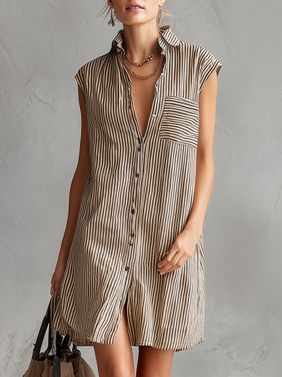 Elegant And Casual Khaki Striped Collared Front Button Sleeveless Mini Dress