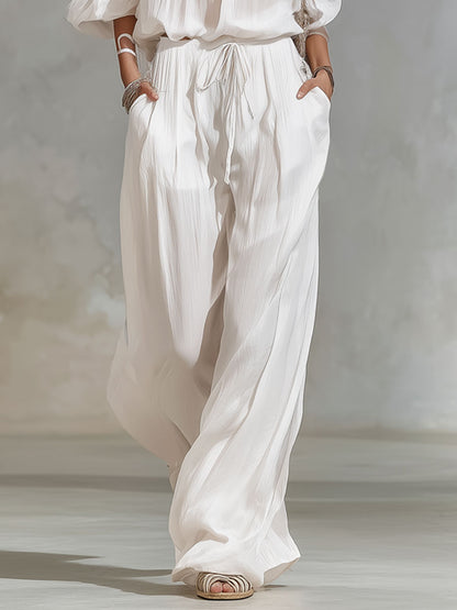 Square-neck Off-the-shoulder Lace Puff-sleeve Top And Pants Set