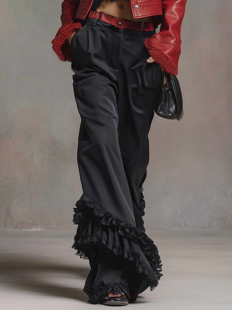 Vintage Versatile Lace Ruffled Hem Black Cotton Pants