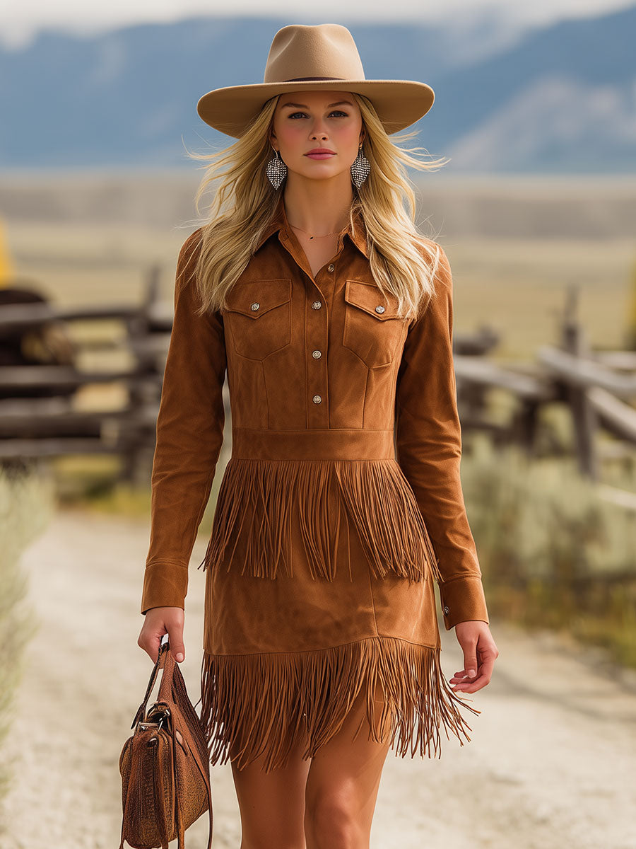 Western-style Vintage Brown Fringed Faux Suede Mini Dress