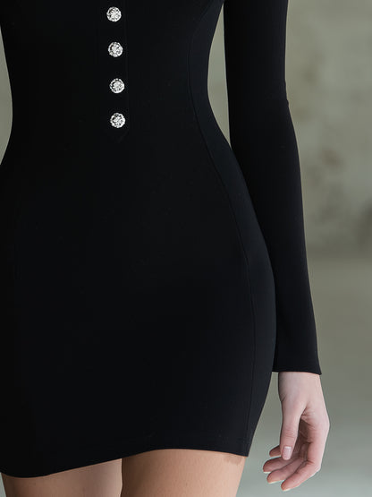 Elegant Black And White Color-block Knitted  With Rhinestone Buttons Mini Dress