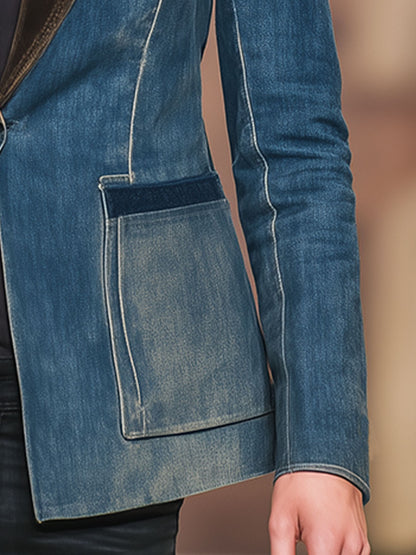 Stylish Retro Brown Collar Blue Denim Blazer