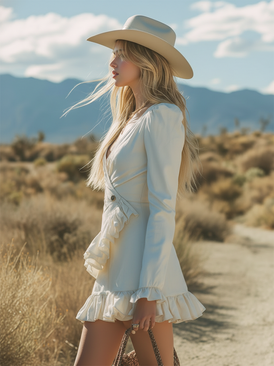 Outdoor Western-style Retro V-neck Ruffled Mini Dress