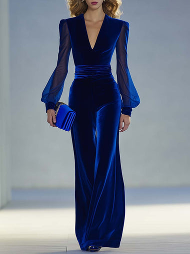 Vintage Elegant And Exquisite V-neck Mesh Long-sleeved Royal Blue Velvet Jumpsuit